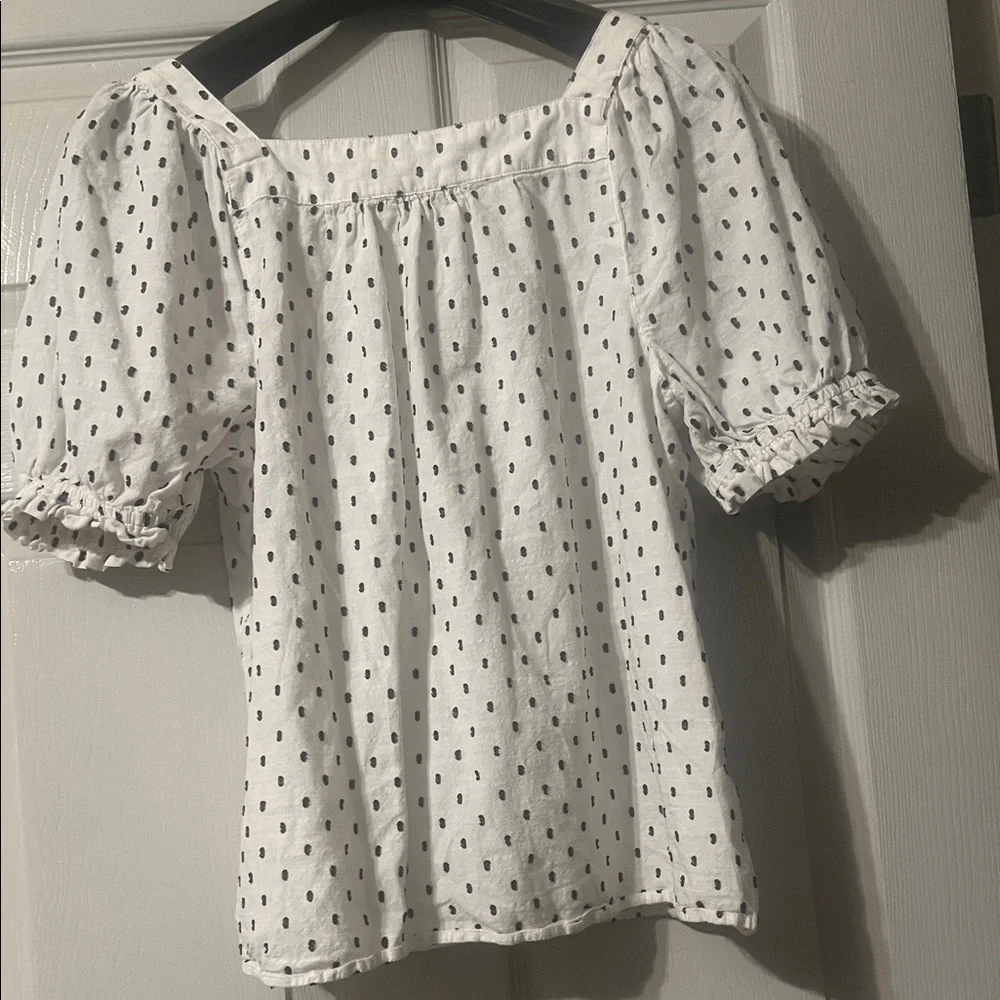 Square Neck Puff Sleeve White Top with Black Dot Print